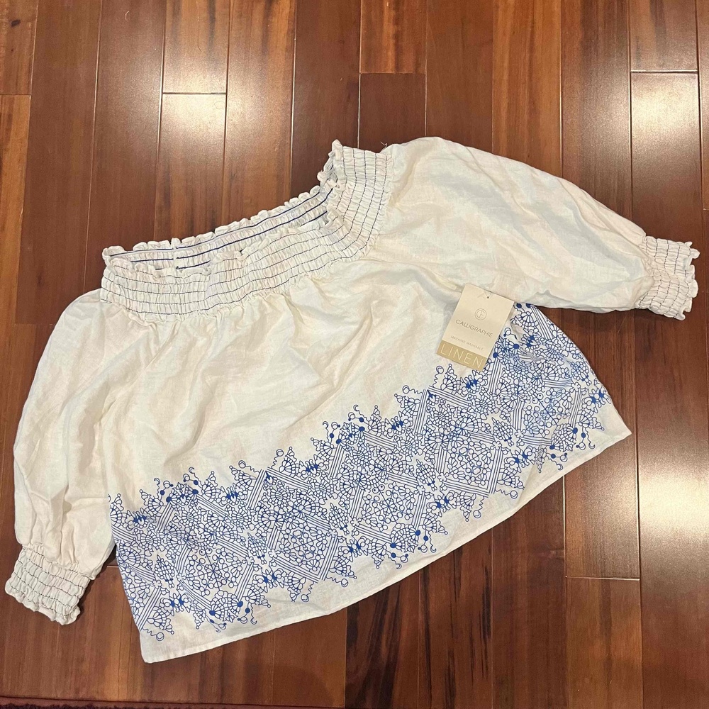 New NWT Calligraphie Linen White‎ Blue Blouse Top Smocked Ruche Boho Print Sz XL